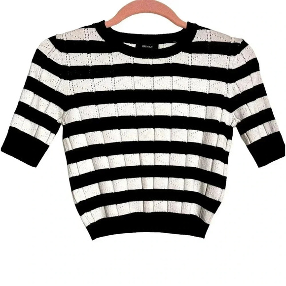 Striped pointelle summer sweater, S-M, crewneck, black white, cropped, Pretty - Picture 1 of 9